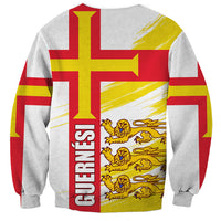 Light gray unisex crewneck sweatshirt with large red cross, yellow lion pattern and vertical text