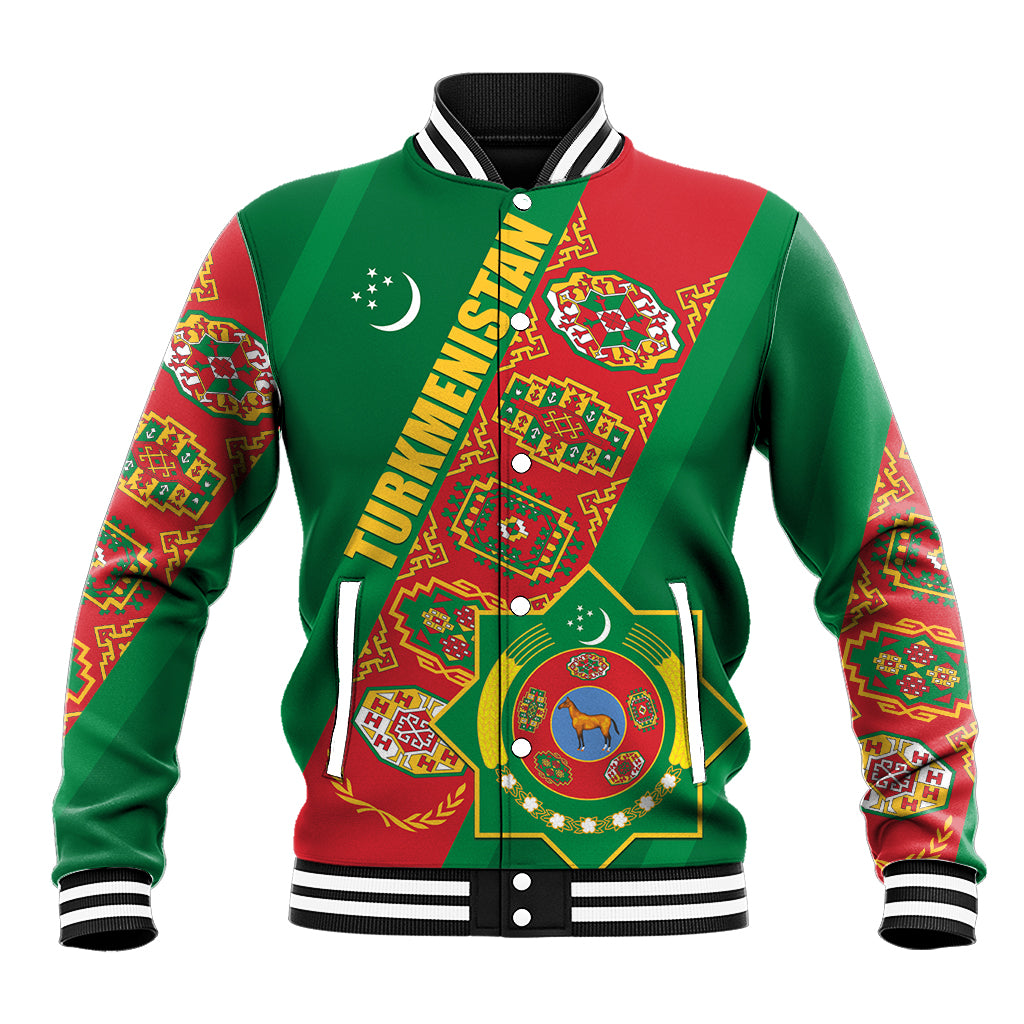 Green baseball jacket with red diagonal panel, Turkmenistan graphics, striped rib trim.