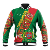 Green baseball jacket with red diagonal panel, Turkmenistan graphics, striped rib trim.