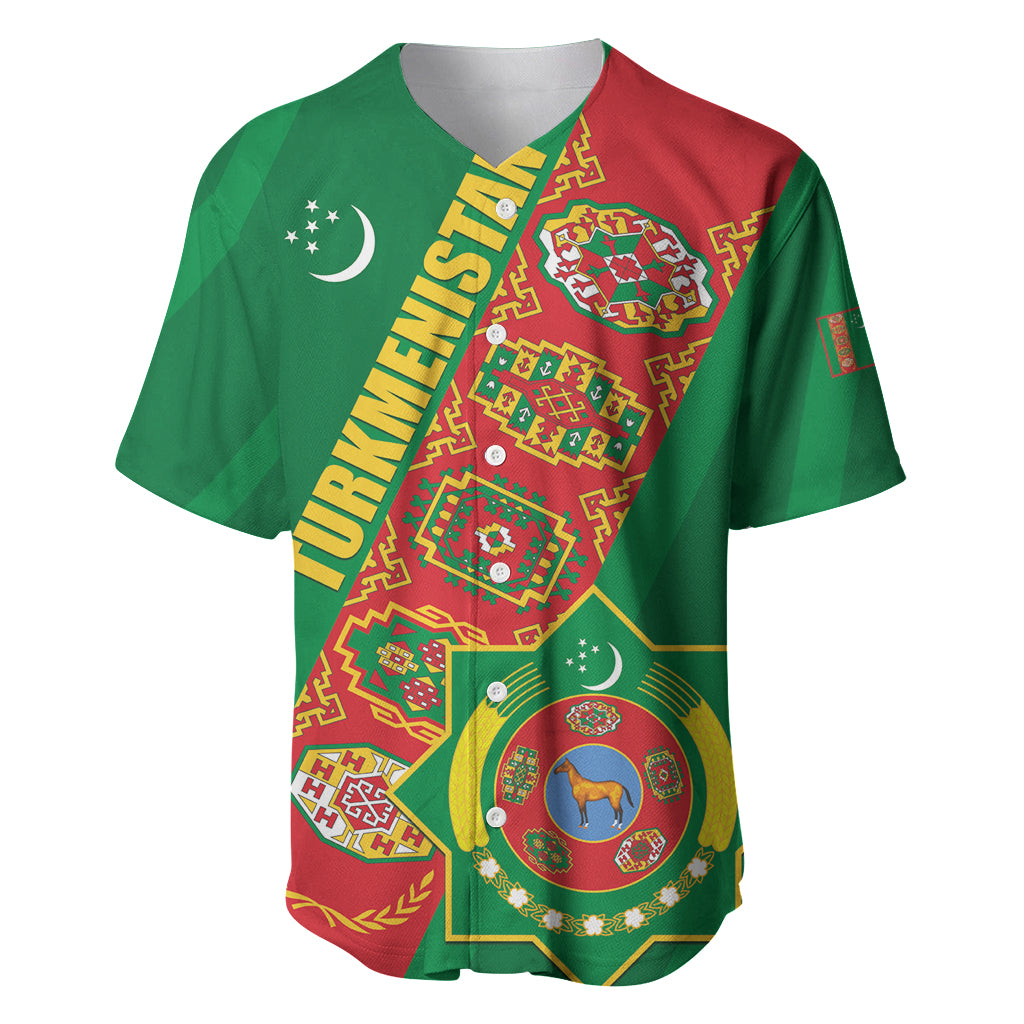 Green baseball jersey with red-and-yellow collage graphics, crescent moon, camel emblem