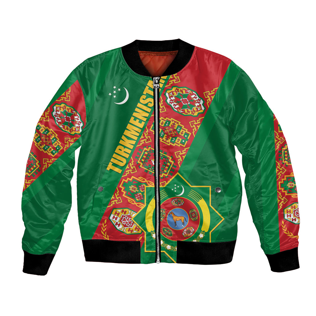 Green bomber jacket, full-zip, black rib trim; red-gold emblem and text graphic