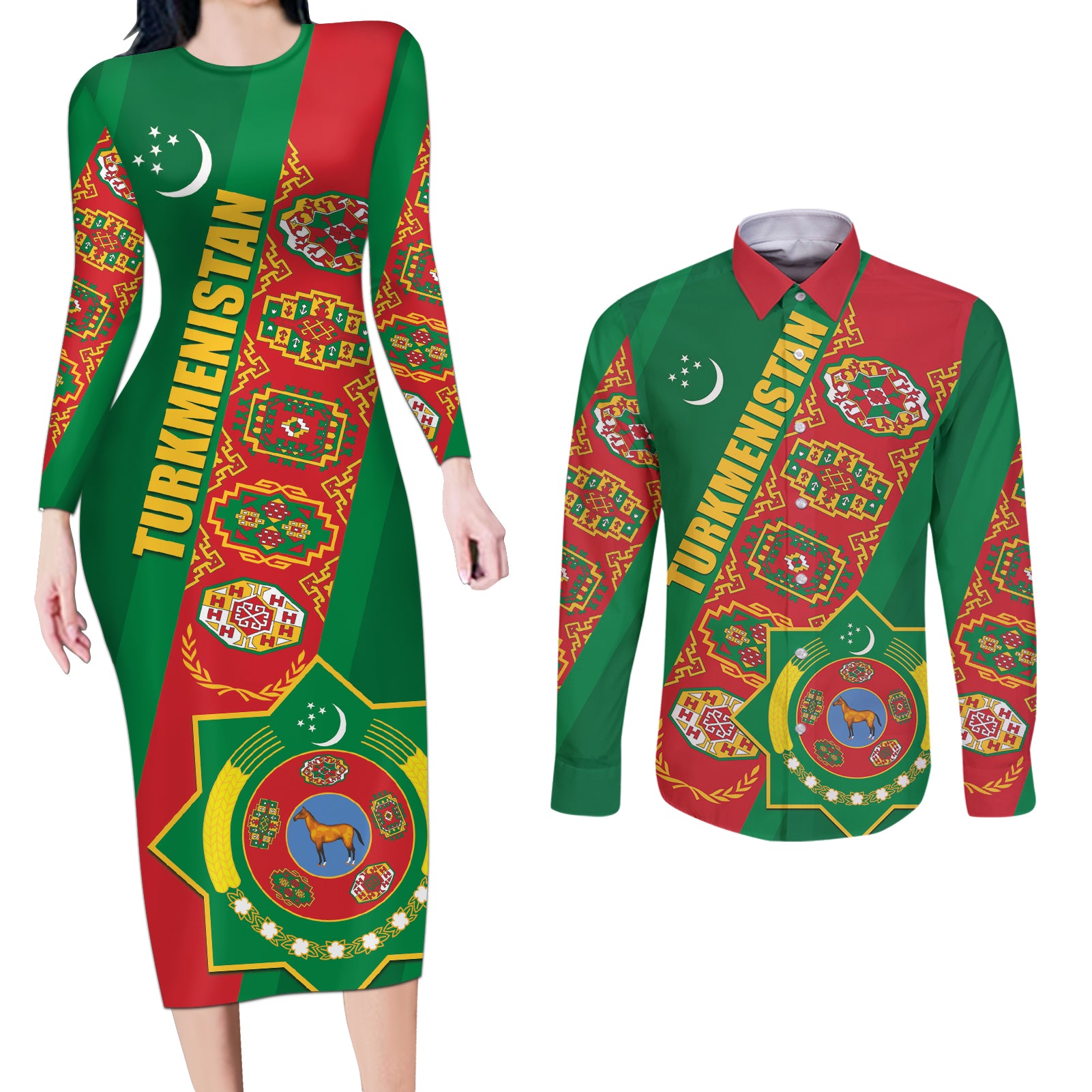 Turkmenistan Flag Day Couples Matching Long Sleeve Bodycon Dress and Long Sleeve Button Shirt Turkmenistan Bitaraplygyn watanydyr - Wonder Print Shop