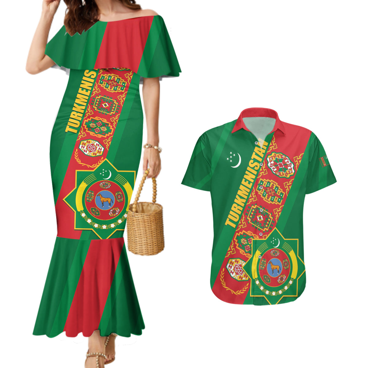 Turkmenistan Flag Day Couples Matching Mermaid Dress and Hawaiian Shirt Turkmenistan Bitaraplygyn watanydyr - Wonder Print Shop