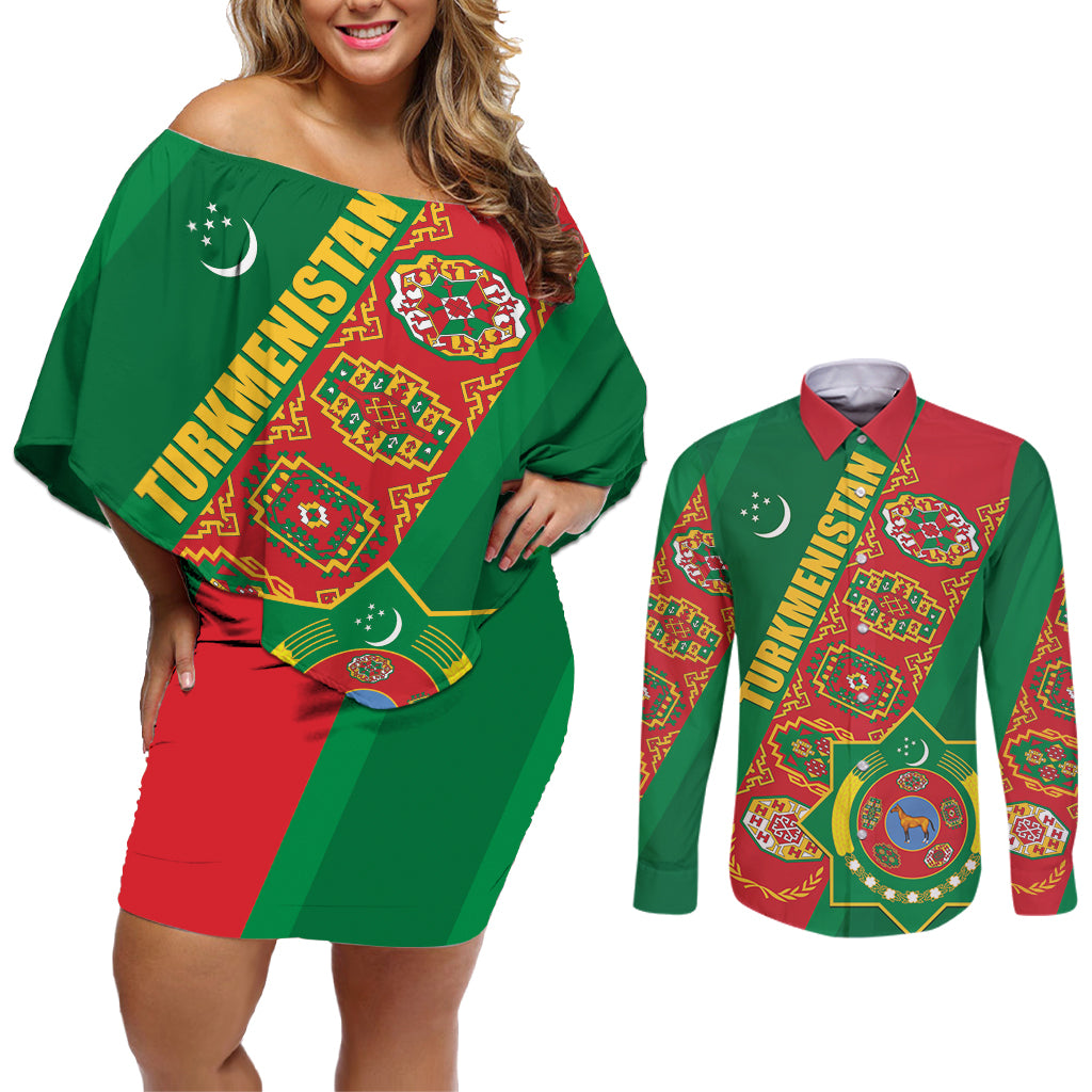 Turkmenistan Flag Day Couples Matching Off Shoulder Short Dress and Long Sleeve Button Shirt Turkmenistan Bitaraplygyn watanydyr - Wonder Print Shop