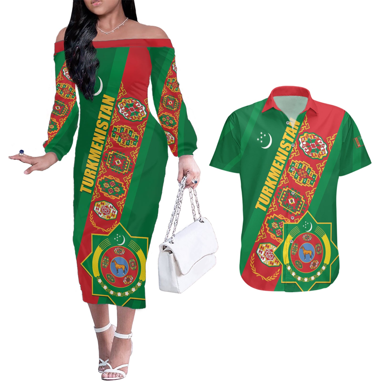 Turkmenistan Flag Day Couples Matching Off The Shoulder Long Sleeve Dress and Hawaiian Shirt Turkmenistan Bitaraplygyn watanydyr - Wonder Print Shop