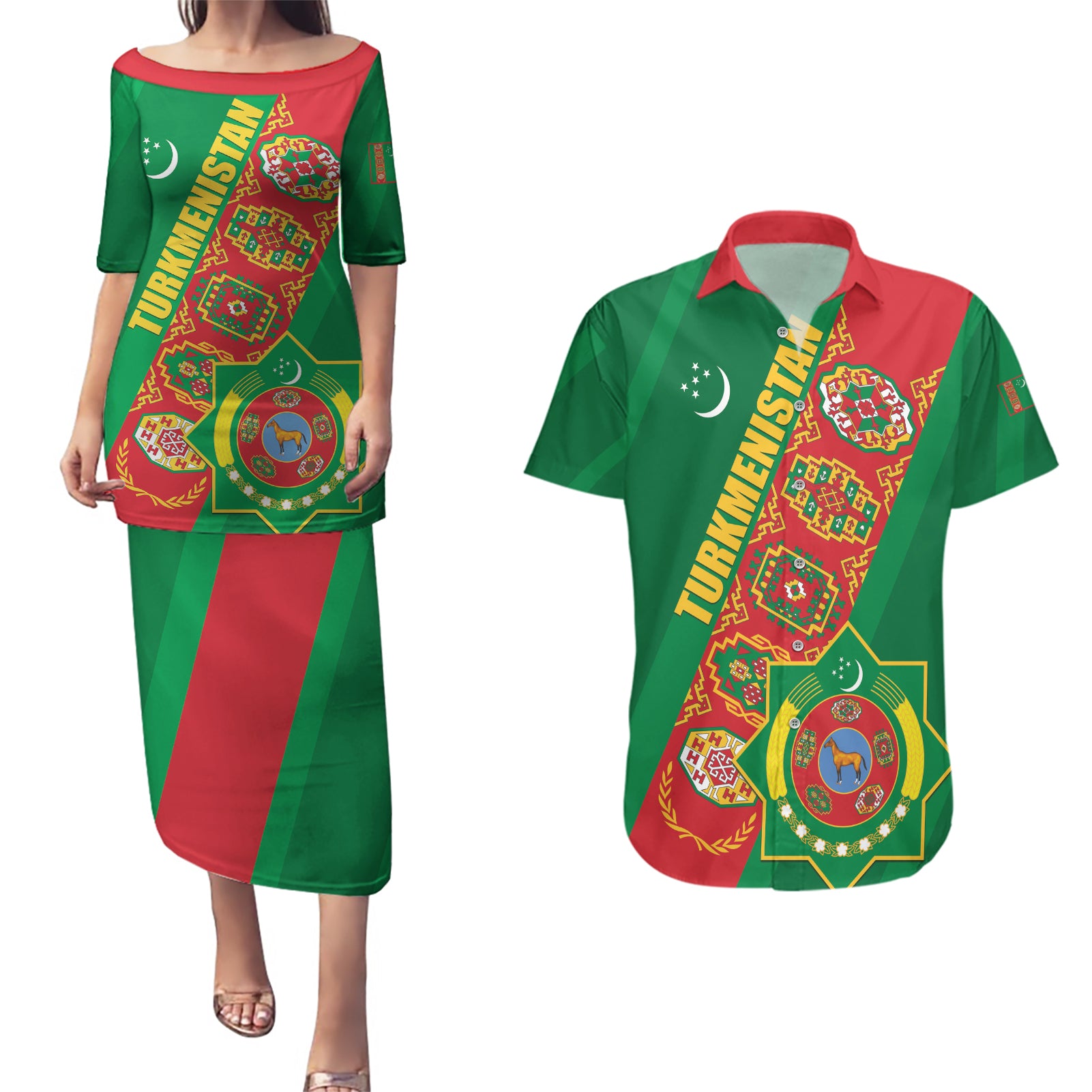 Turkmenistan Flag Day Couples Matching Puletasi and Hawaiian Shirt Turkmenistan Bitaraplygyn watanydyr - Wonder Print Shop