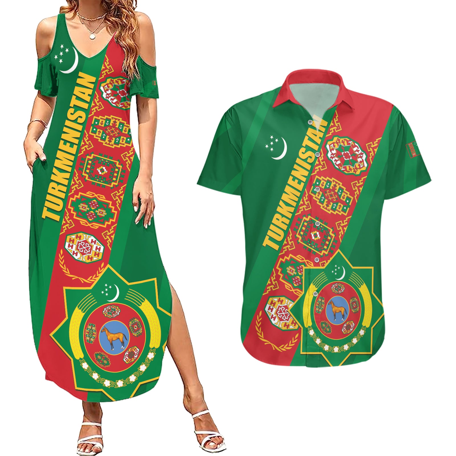 Turkmenistan Flag Day Couples Matching Summer Maxi Dress and Hawaiian Shirt Turkmenistan Bitaraplygyn watanydyr - Wonder Print Shop