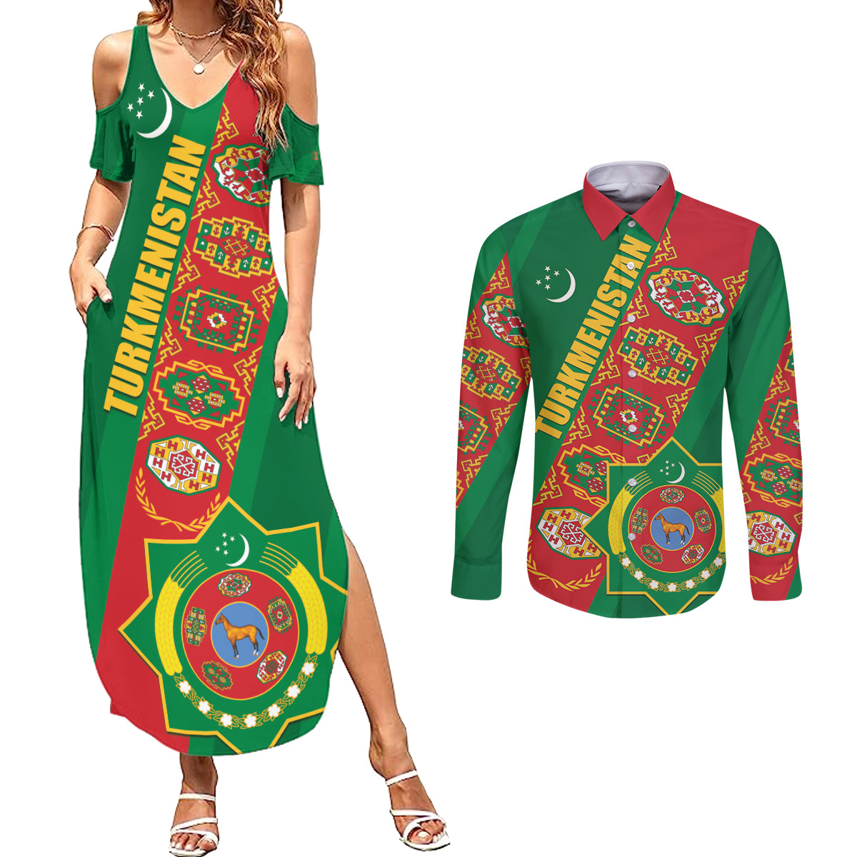 Turkmenistan Flag Day Couples Matching Summer Maxi Dress and Long Sleeve Button Shirt Turkmenistan Bitaraplygyn watanydyr - Wonder Print Shop