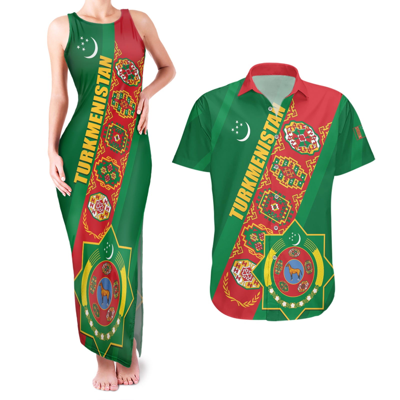 Turkmenistan Flag Day Couples Matching Tank Maxi Dress and Hawaiian Shirt Turkmenistan Bitaraplygyn watanydyr - Wonder Print Shop