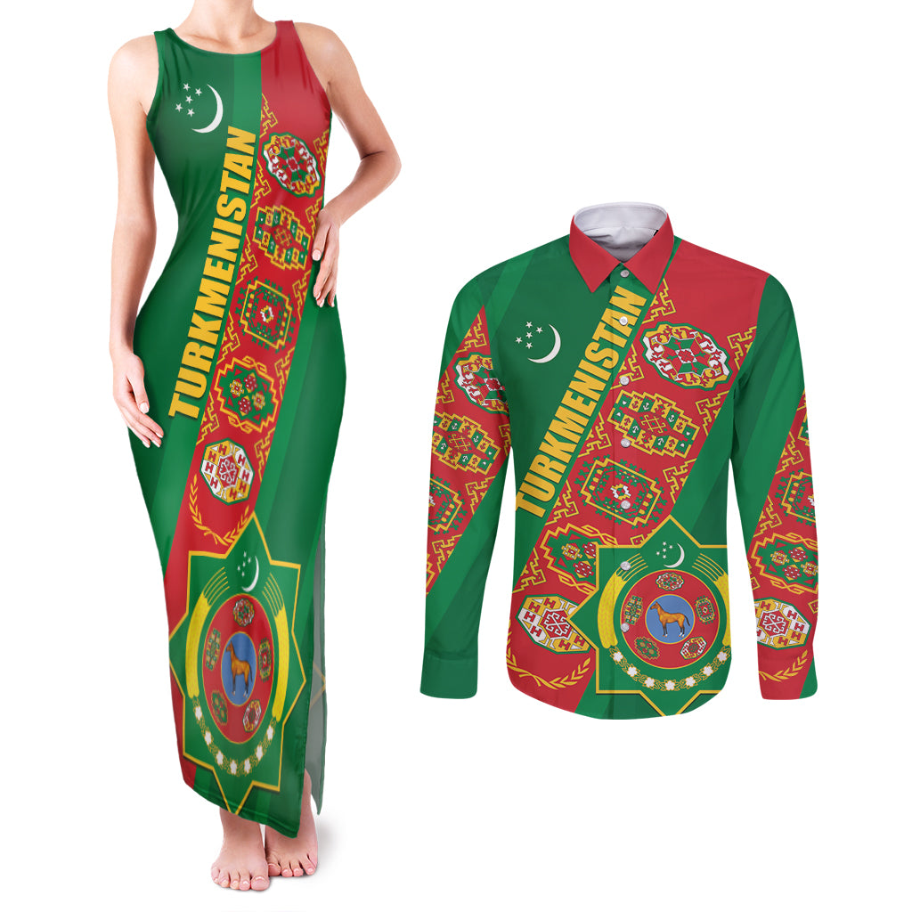 Turkmenistan Flag Day Couples Matching Tank Maxi Dress and Long Sleeve Button Shirt Turkmenistan Bitaraplygyn watanydyr - Wonder Print Shop