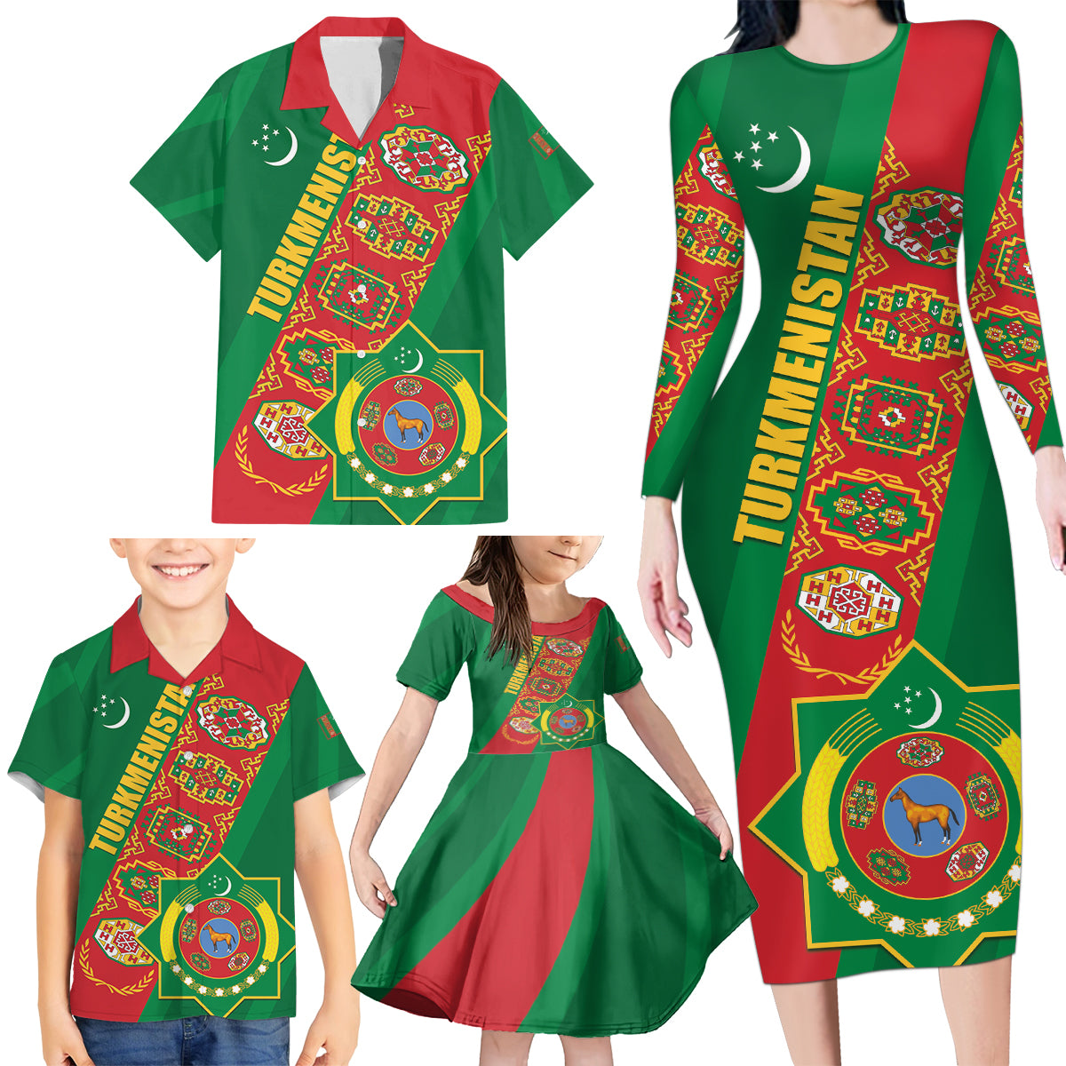 Turkmenistan Flag Day Family Matching Long Sleeve Bodycon Dress and Hawaiian Shirt Turkmenistan Bitaraplygyn watanydyr - Wonder Print Shop