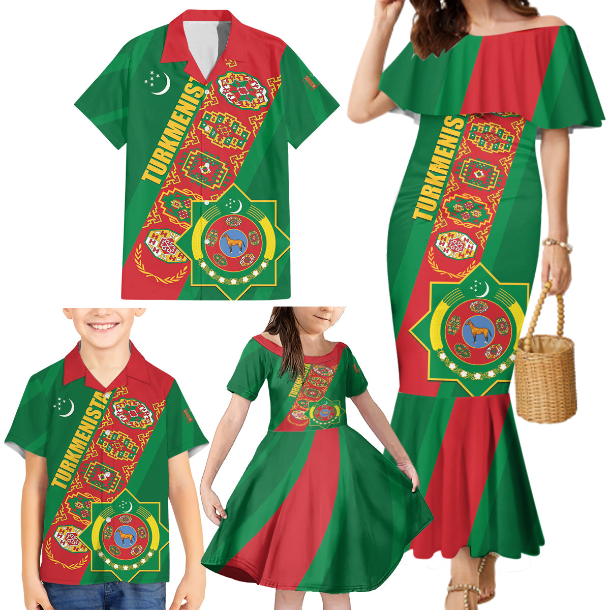 Turkmenistan Flag Day Family Matching Mermaid Dress and Hawaiian Shirt Turkmenistan Bitaraplygyn watanydyr - Wonder Print Shop