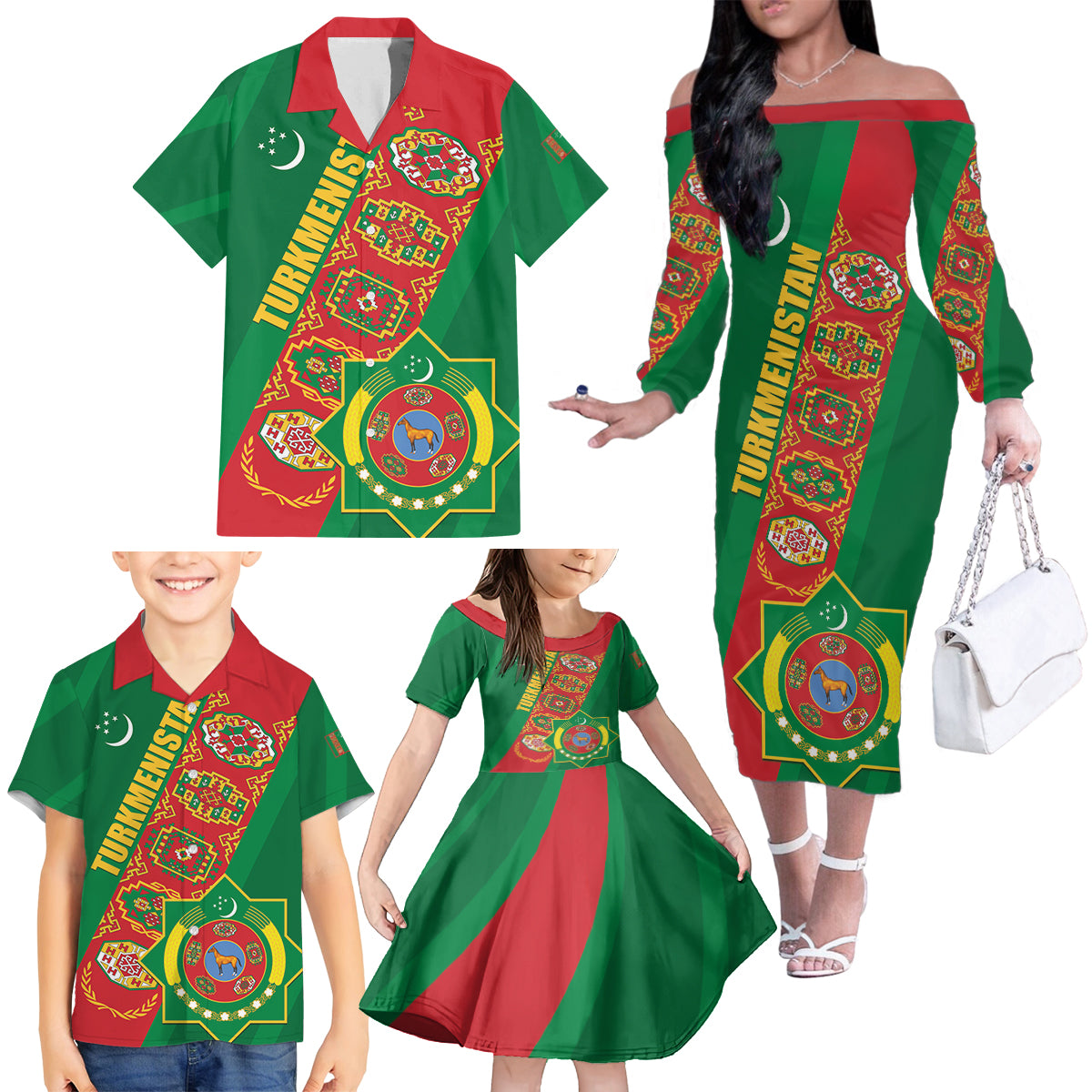 Turkmenistan Flag Day Family Matching Off The Shoulder Long Sleeve Dress and Hawaiian Shirt Turkmenistan Bitaraplygyn watanydyr - Wonder Print Shop