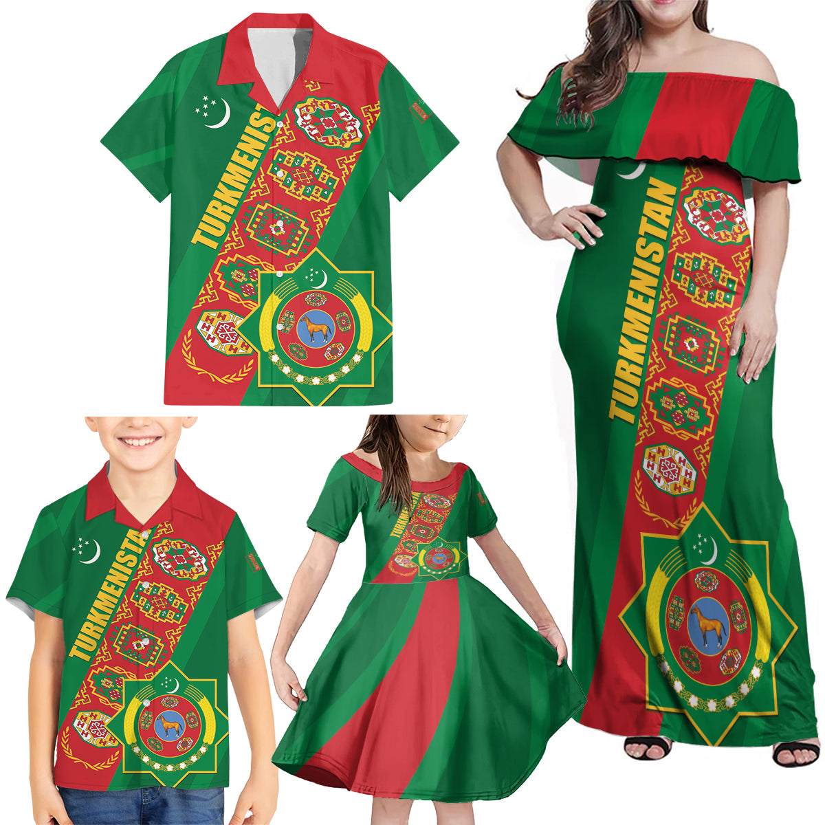 Turkmenistan Flag Day Family Matching Off Shoulder Maxi Dress and Hawaiian Shirt Turkmenistan Bitaraplygyn watanydyr - Wonder Print Shop