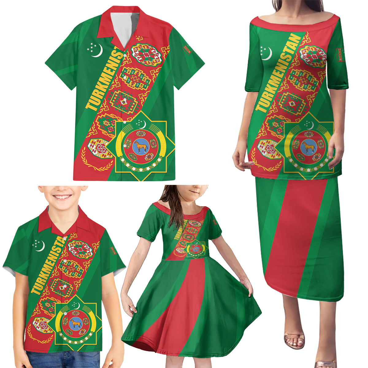 Turkmenistan Flag Day Family Matching Puletasi and Hawaiian Shirt Turkmenistan Bitaraplygyn watanydyr - Wonder Print Shop