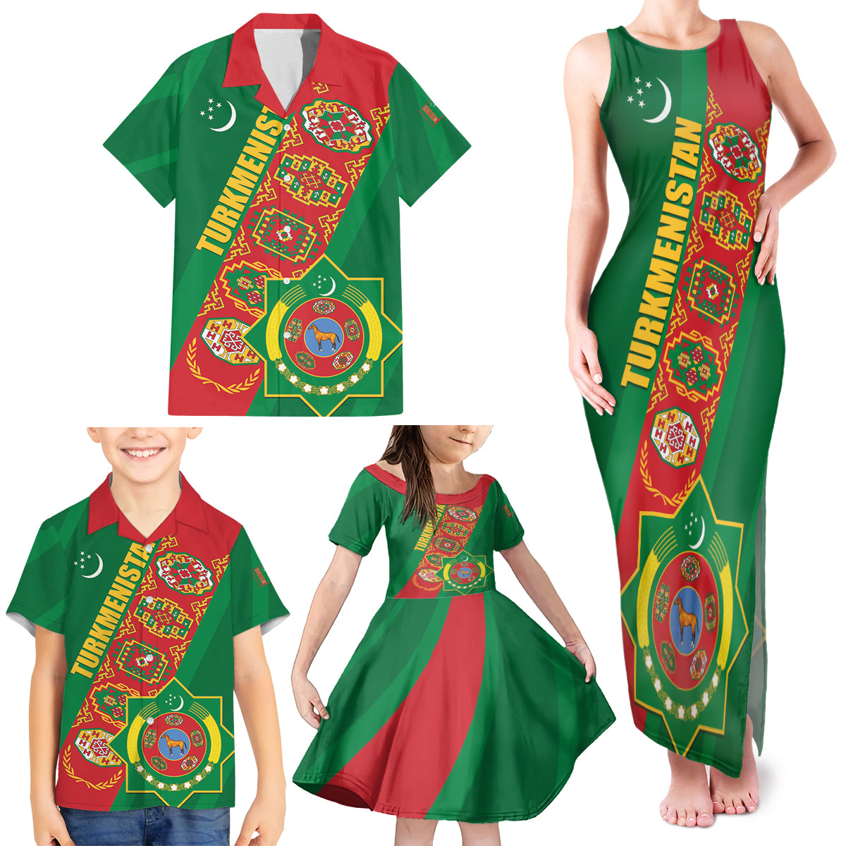 Turkmenistan Flag Day Family Matching Tank Maxi Dress and Hawaiian Shirt Turkmenistan Bitaraplygyn watanydyr - Wonder Print Shop