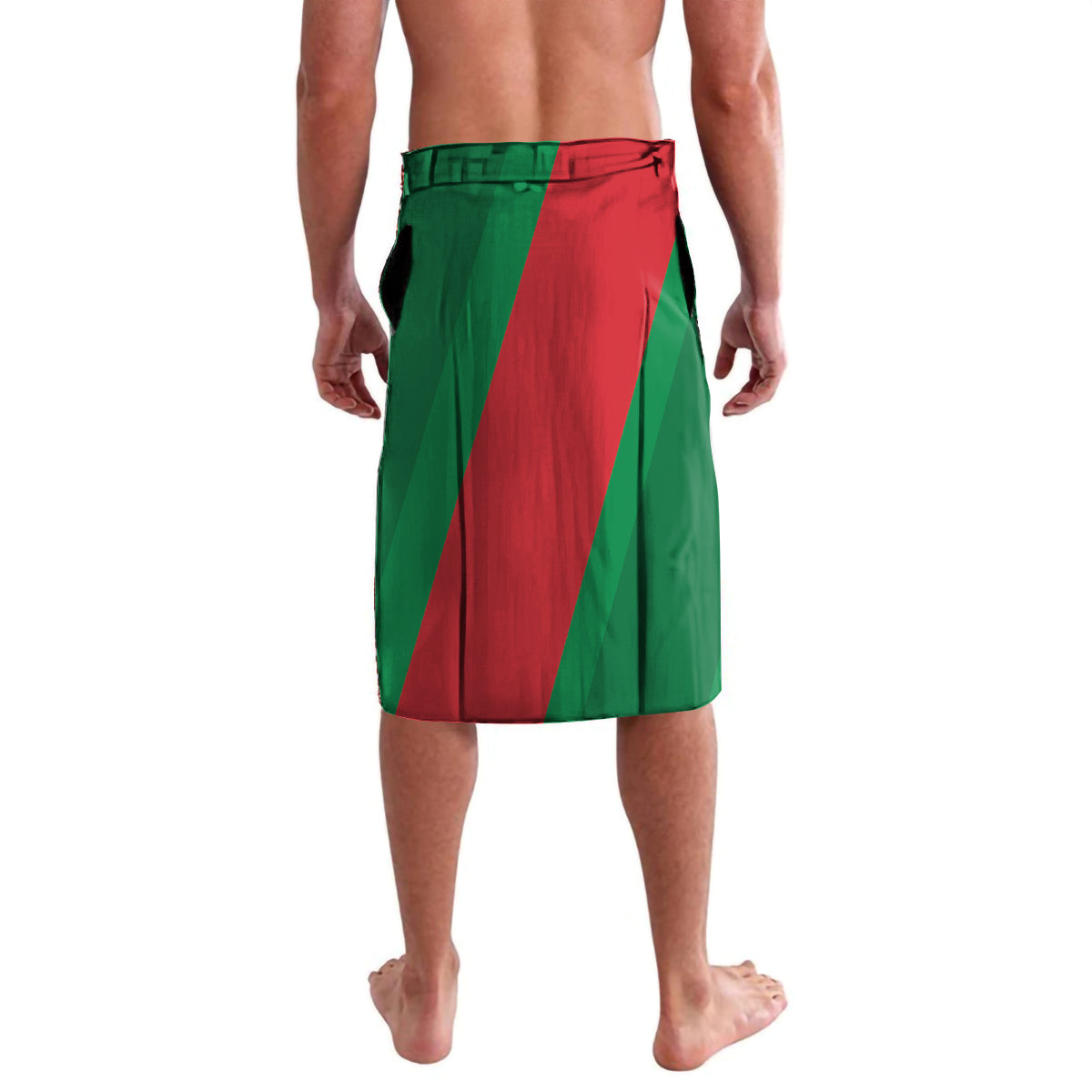 Green and red diagonal-panel lavalava skirt with elastic waistband, knee length