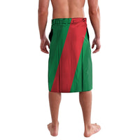 Green and red diagonal-panel lavalava skirt with elastic waistband, knee length