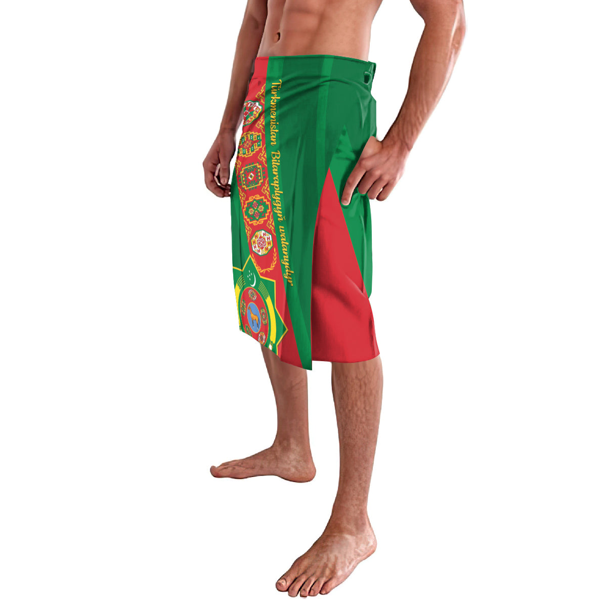 Green lavalava with red diagonal panel and vertical emblem stripe, elastic waist