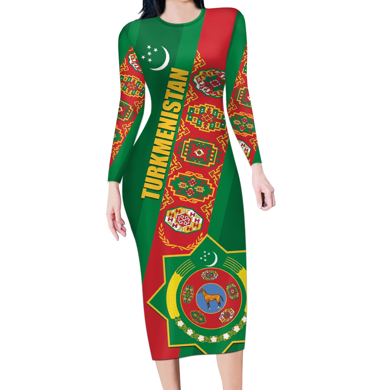 Turkmenistan Flag Day Long Sleeve Bodycon Dress Turkmenistan Bitaraplygyn watanydyr - Wonder Print Shop