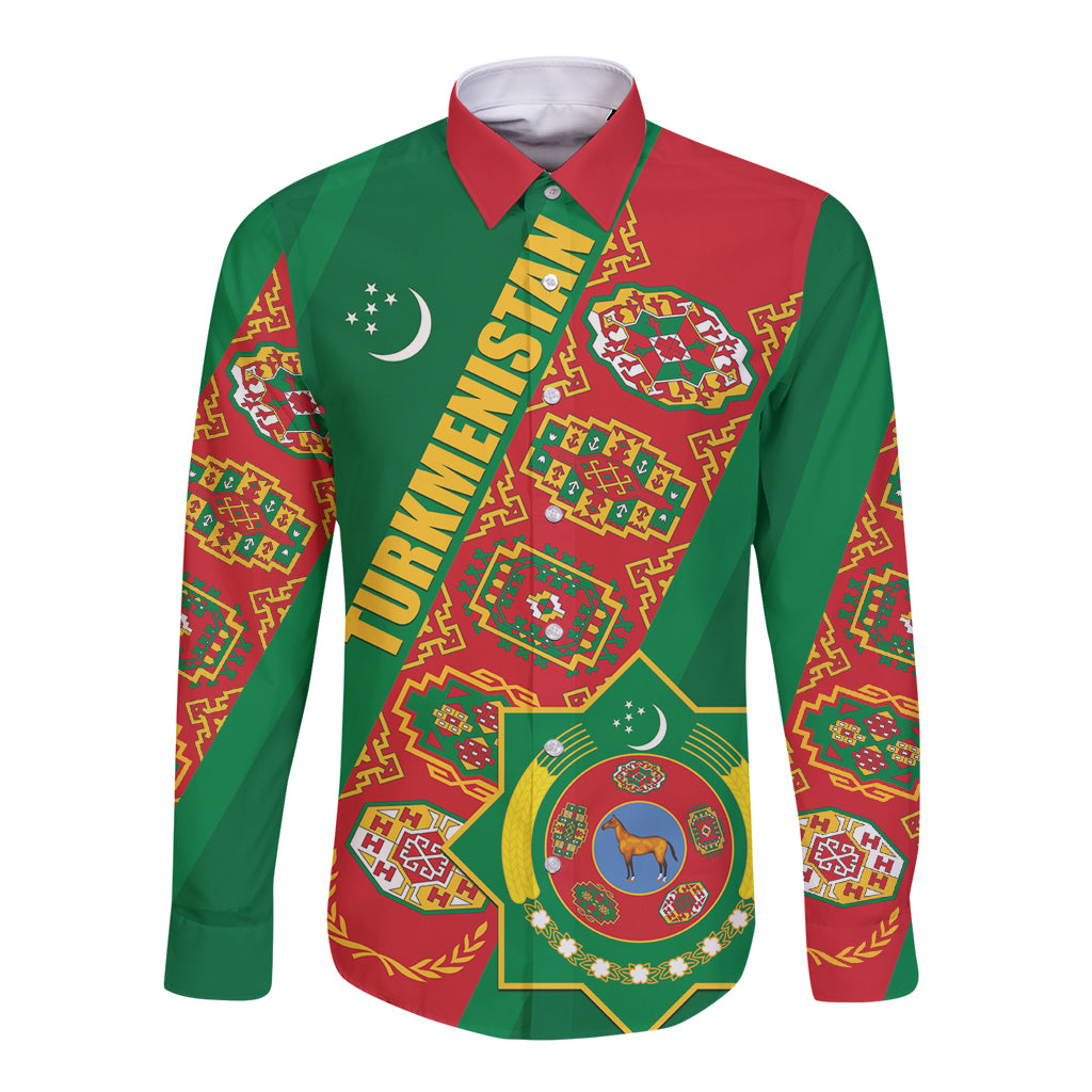 Green long-sleeve button shirt with red collar and large flag graphic front