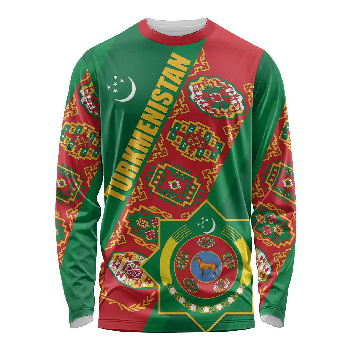 Green long-sleeve shirt with Turkmen-style geometric and emblem graphic, red collar trim