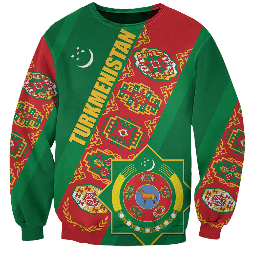 Green and red crewneck sweatshirt with TURKMENISTAN text, crescent, and round emblem