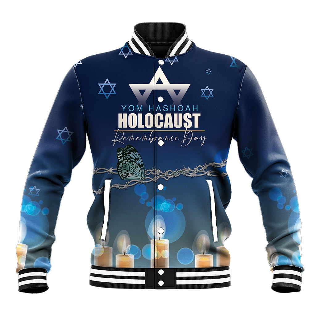 Blue baseball jacket with front zipper, ribbed cuffs and hem, and memorial star graphic
