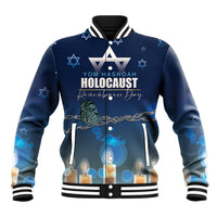 Blue baseball jacket with front zipper, ribbed cuffs and hem, and memorial star graphic