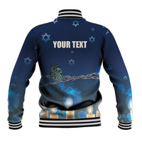 Blue baseball jacket back with striped collar, memorial symbols, and butterfly candle graphic