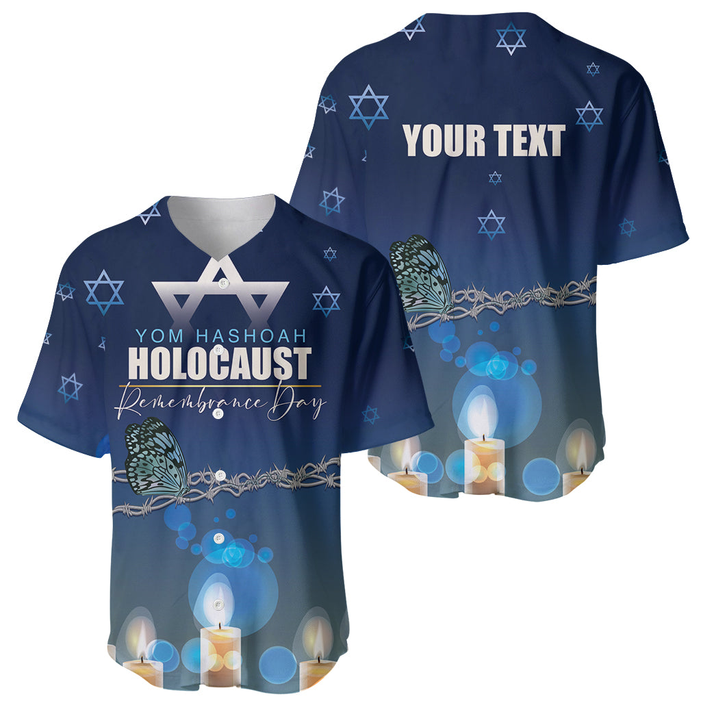 Dark blue baseball jersey set: front and back with Star of David and candle graphics