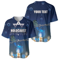 Dark blue baseball jersey set: front and back with Star of David and candle graphics