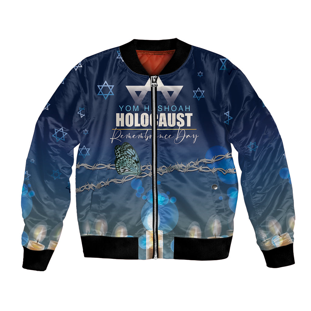 Blue unisex bomber jacket with front zipper, Star of David and candle graphic