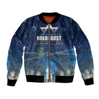 Blue unisex bomber jacket with front zipper, Star of David and candle graphic