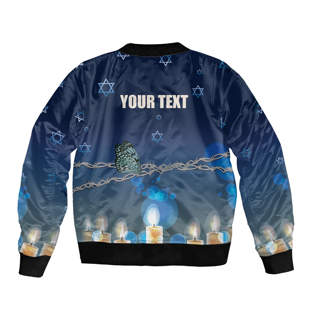 Blue unisex bomber jacket with zipper, Star of David pattern and candle lower print