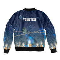 Blue unisex bomber jacket with zipper, Star of David pattern and candle lower print