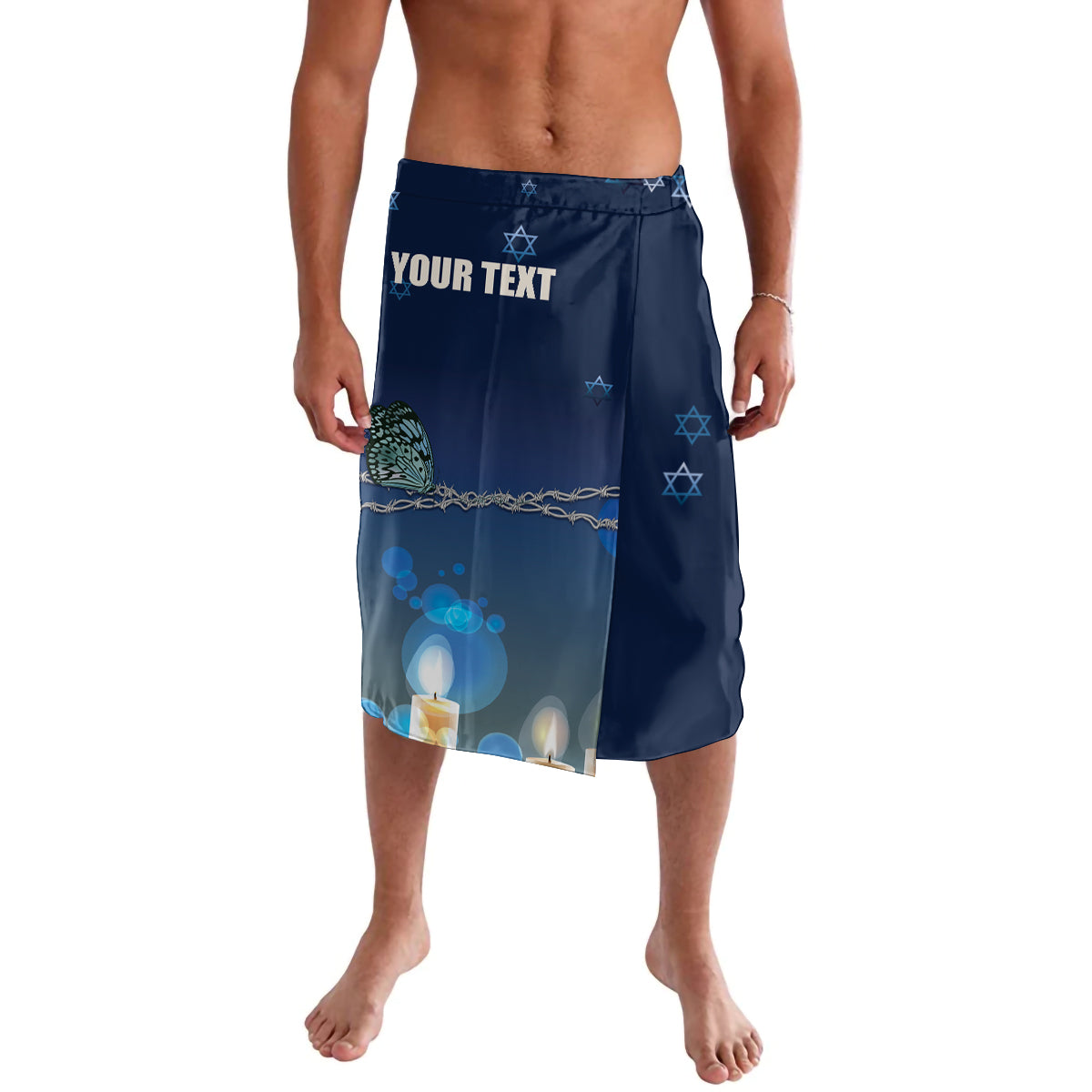 Dark blue sarong-style skirt with 'YOUR TEXT' and star symbols, knee length