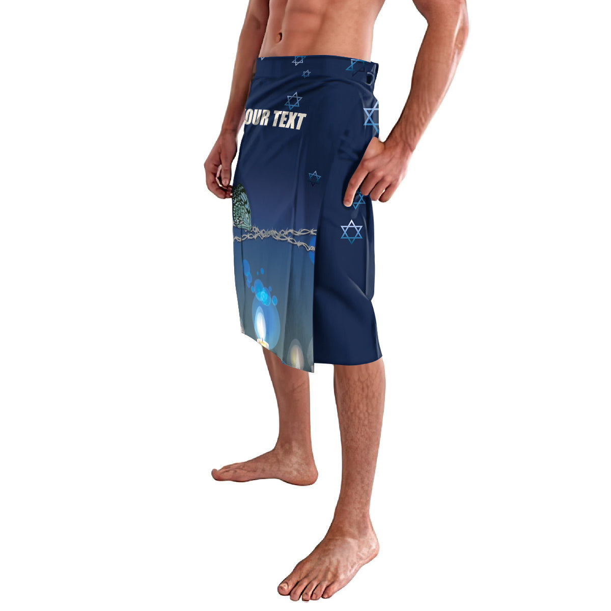 Dark blue sarong-style skirt with 'YOUR TEXT' panel and star graphics, side view