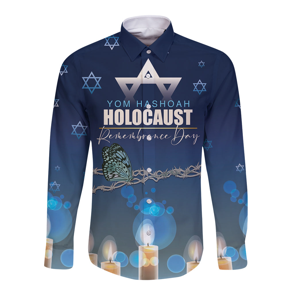 Blue long-sleeve button shirt with star and candle remembrance graphic