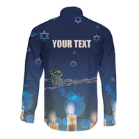 Blue long-sleeve button shirt back with star pattern, candles, and 'YOUR TEXT'