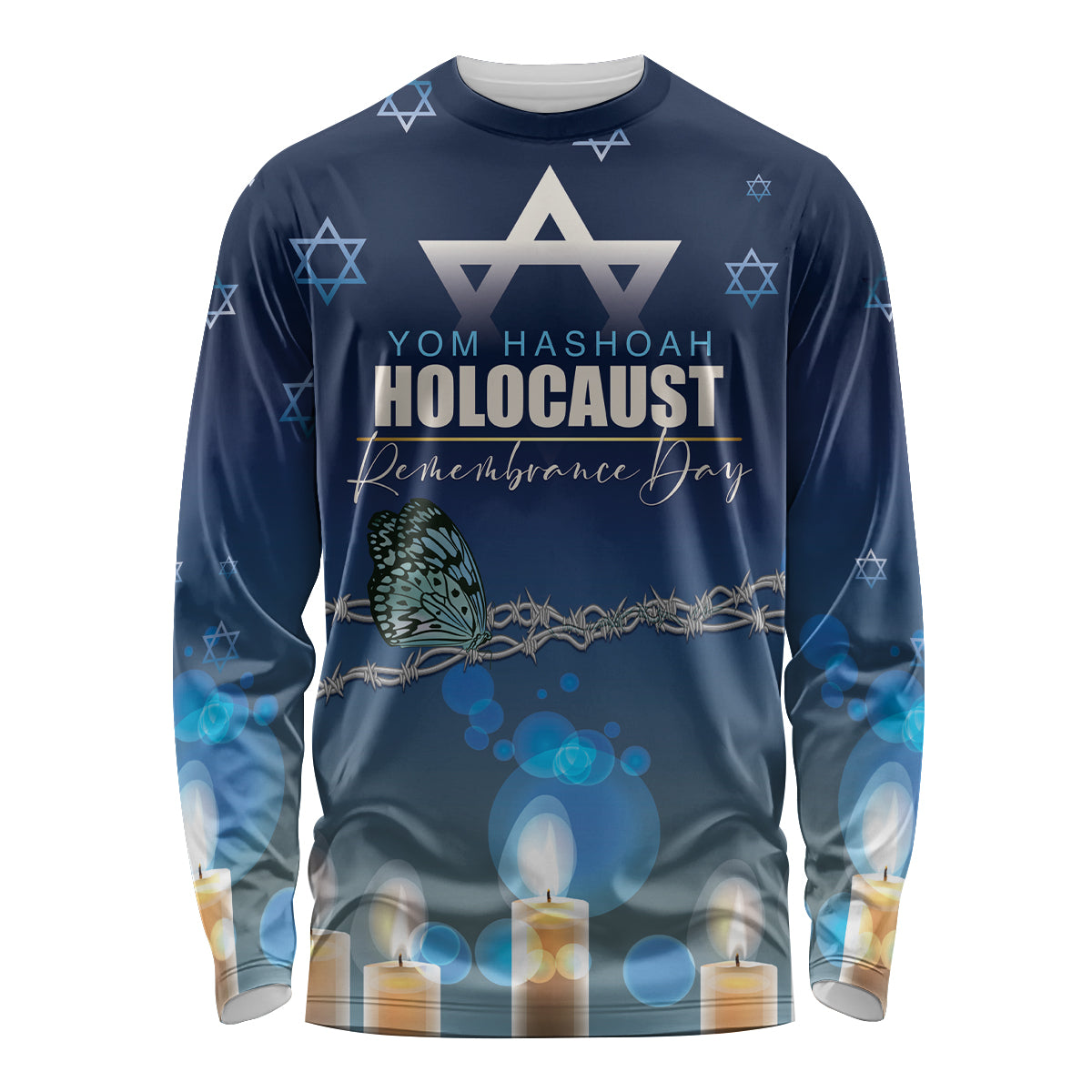 Unisex long-sleeve dark blue shirt with Star of David, candles, and remembrance text