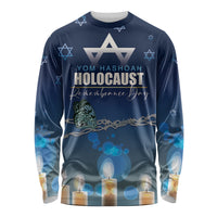 Unisex long-sleeve dark blue shirt with Star of David, candles, and remembrance text