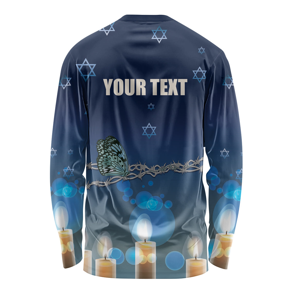 Unisex long-sleeve dark blue shirt back with Star of David pattern, candles, butterfly