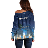 Blue off-shoulder sweater with 'YOUR TEXT' back print and Star pattern