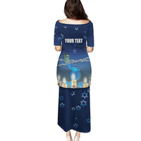 Blue long dress, back view, graphic print with stars and candles, short sleeves