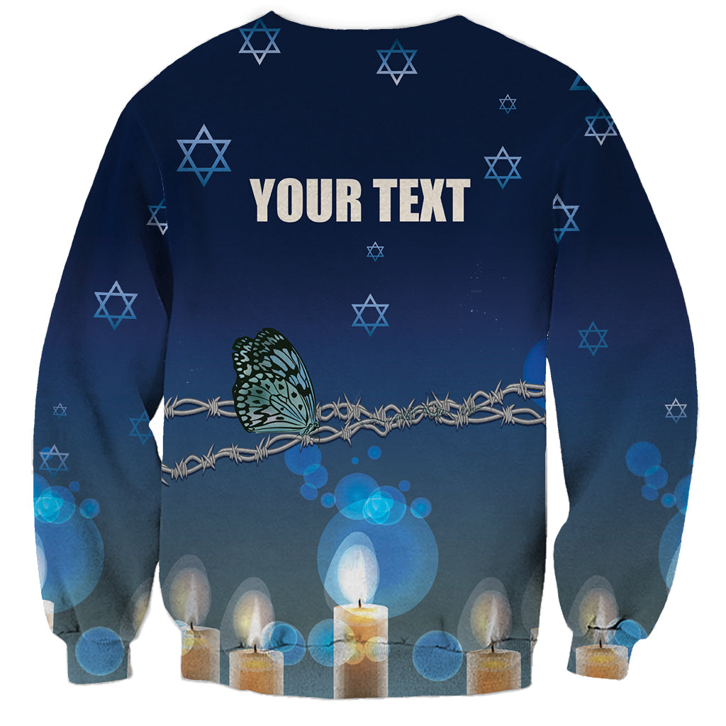 Unisex blue sweatshirt back with Star of David pattern, YOUR TEXT, butterfly and candles