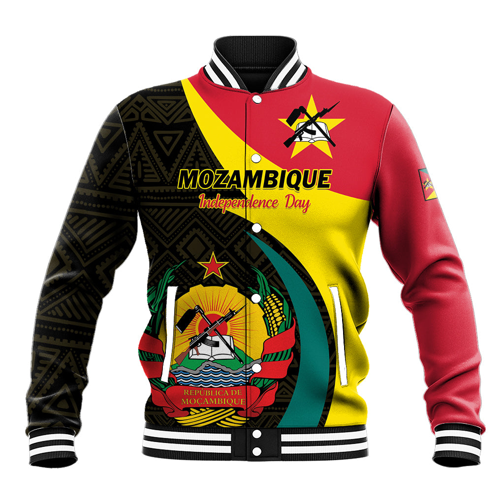 Unisex baseball jacket with red/yellow/green/black graphics and striped rib trim