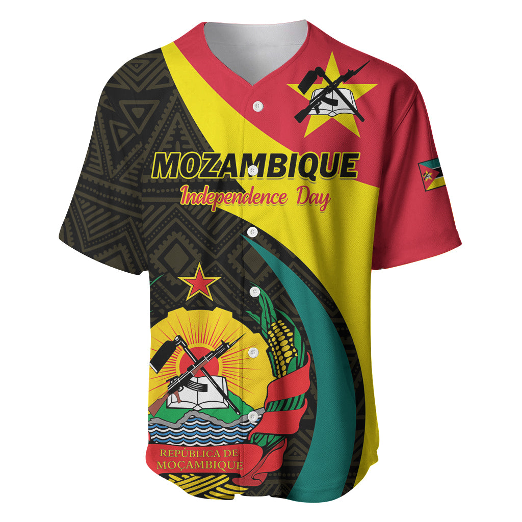 Baseball jersey with red, yellow, and green panels; black patterned sleeves; Independence Day graphic