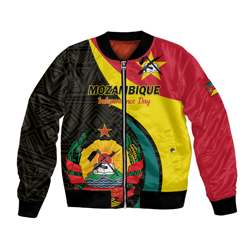 Unisex bomber jacket with black, red, and yellow graphic front and full zip