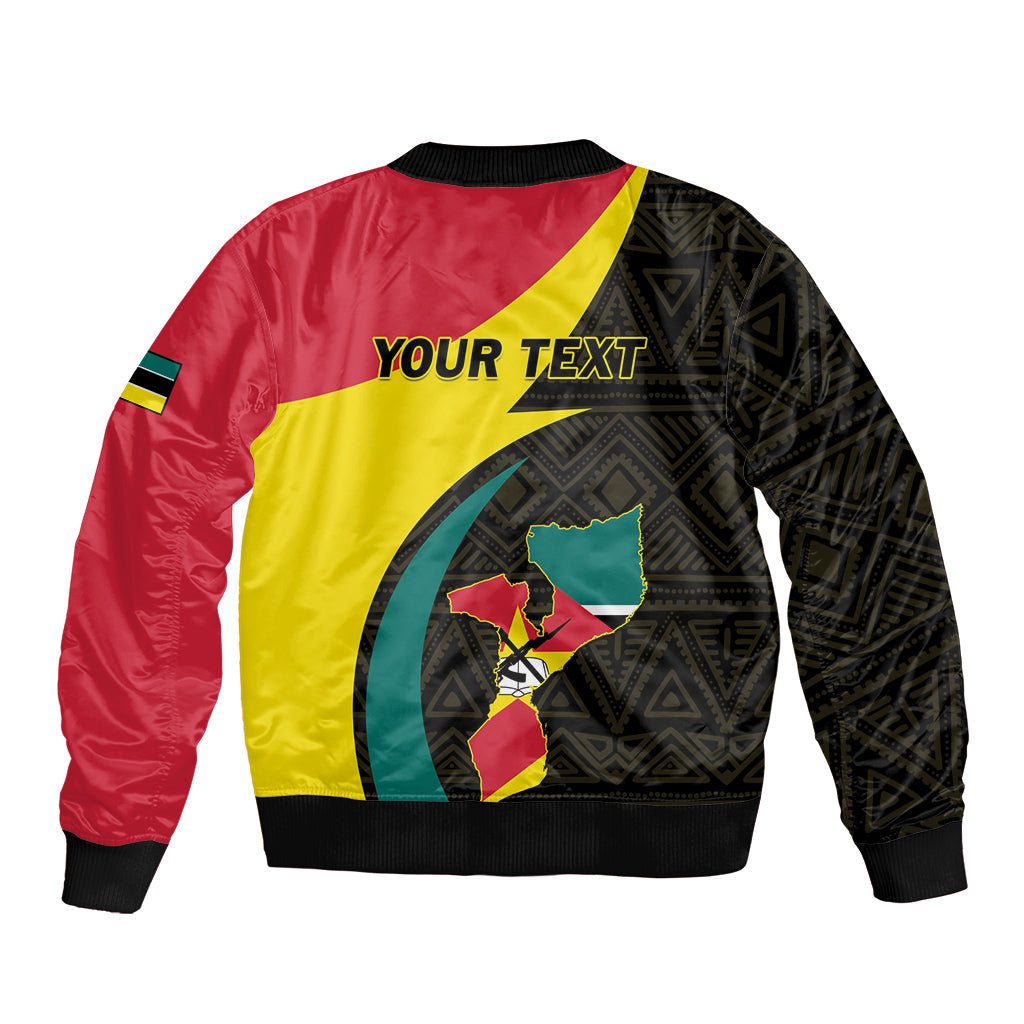Unisex bomber jacket with red, yellow, and black back graphic and ribbed cuffs
